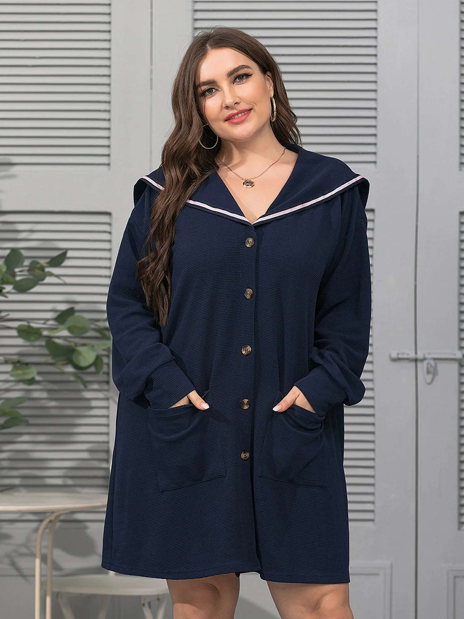 Midsize Navy Style Casual Jacket Dress