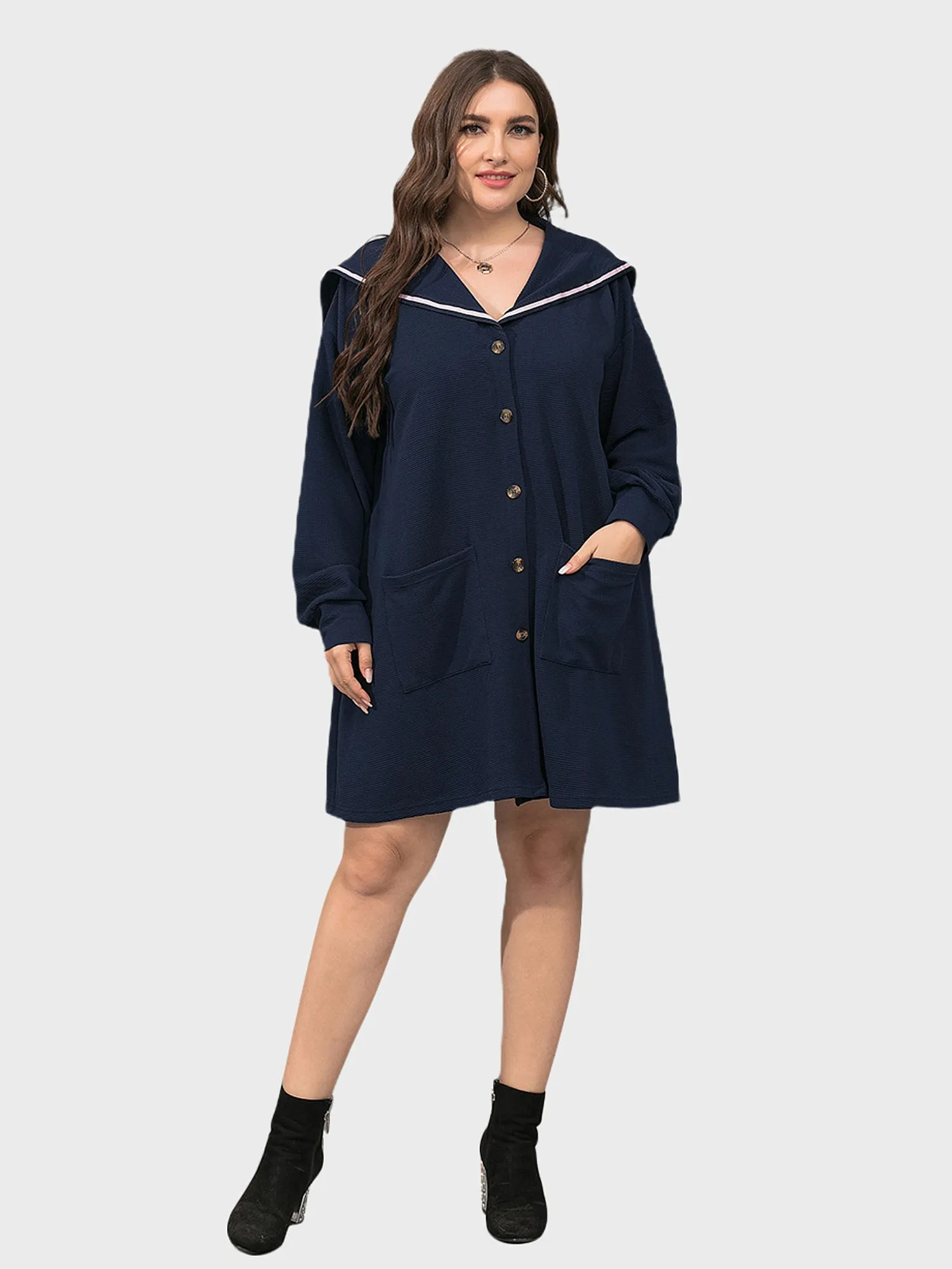 Midsize Navy Style Casual Jacket Dress