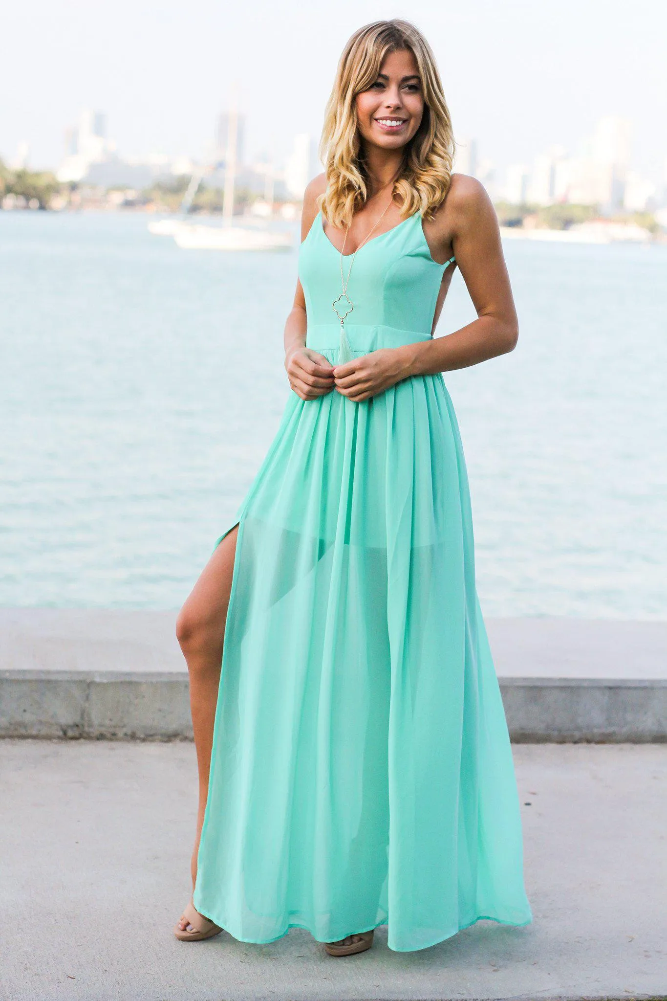 Mint Maxi Dress with Open Back and Side Slit