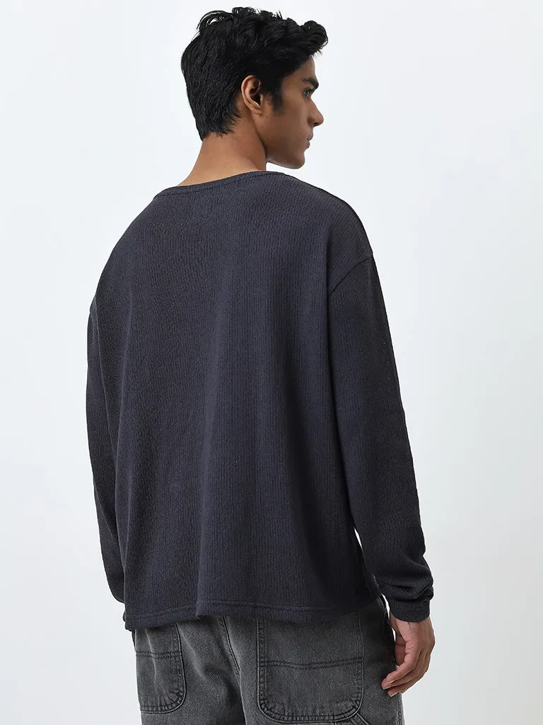 Nuon Dark Grey Textured Relaxed-Fit Cotton Blend Sweater