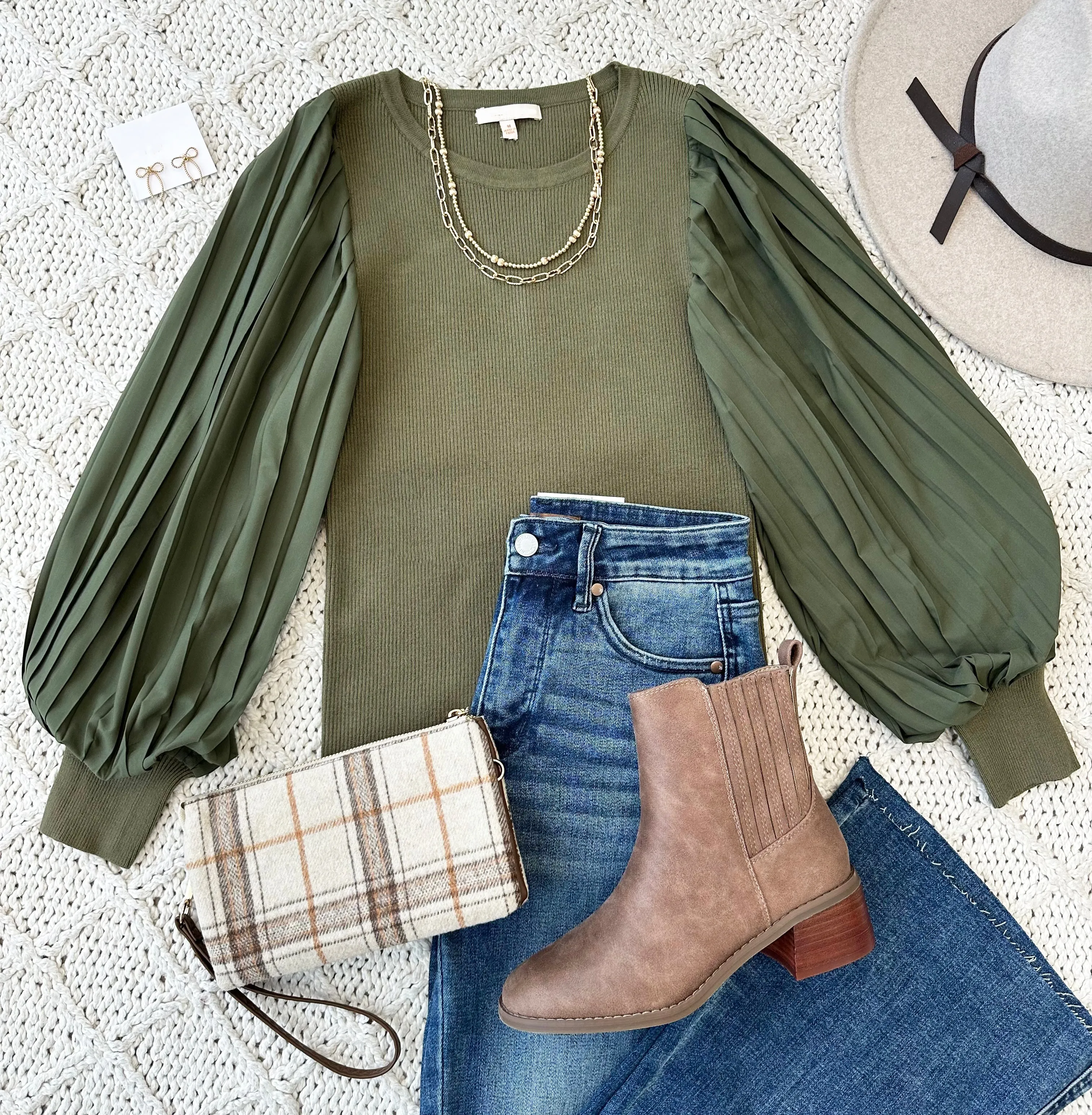 Olive Pleated Sleeve Top