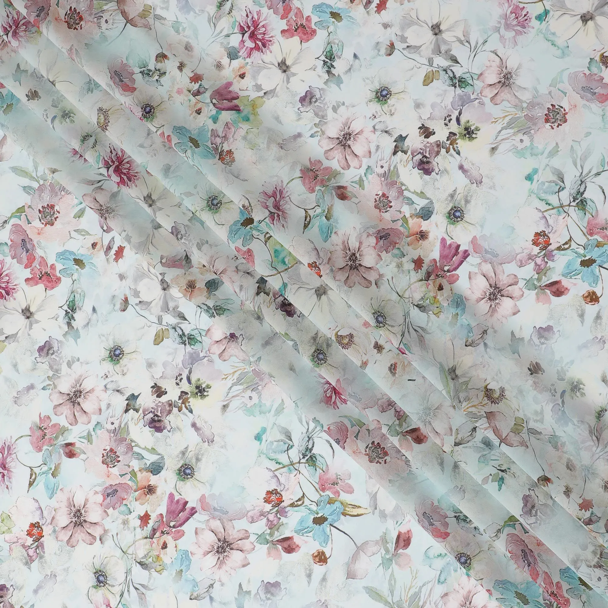 Pastel Floral Print Synthetic Georgette Fabric-D17519