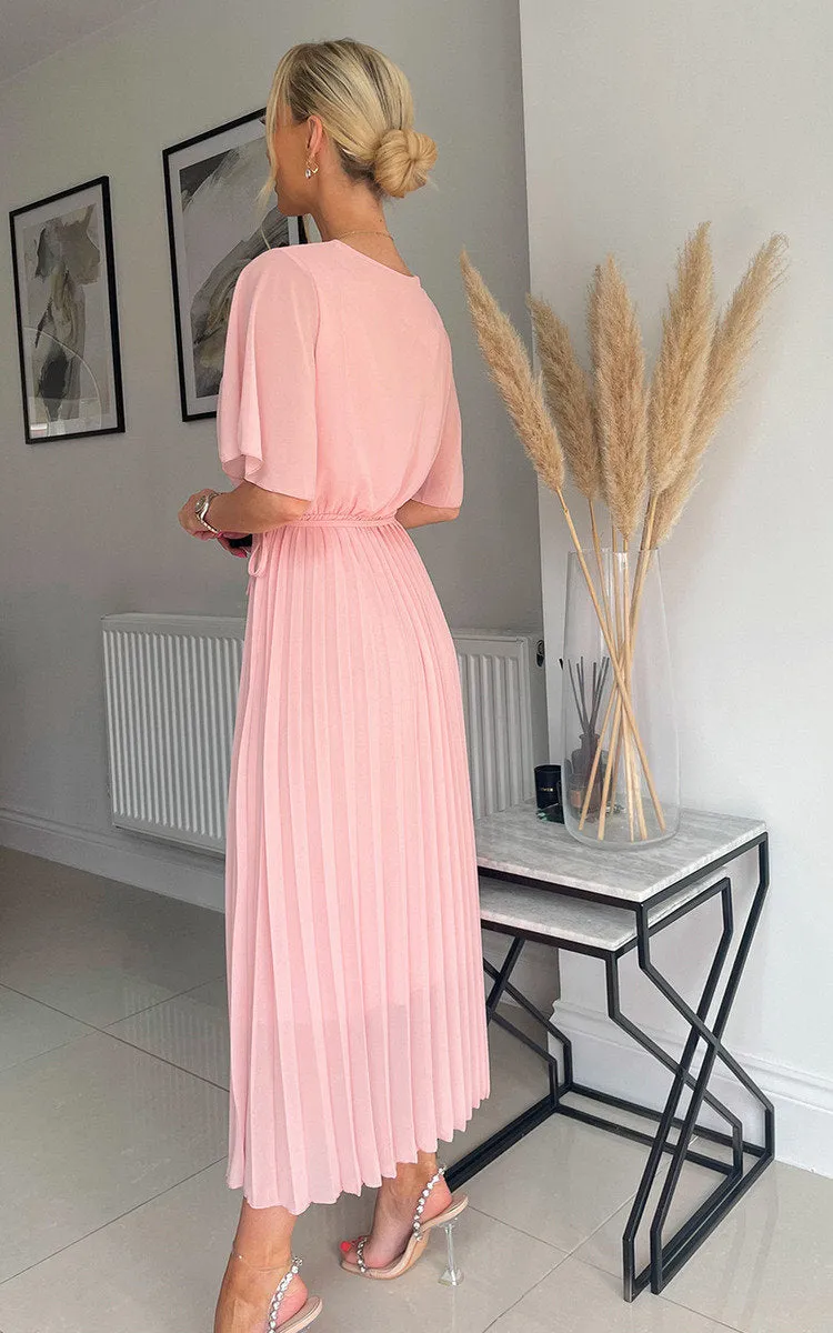 Pleated Wrap Front  Maxi Dress