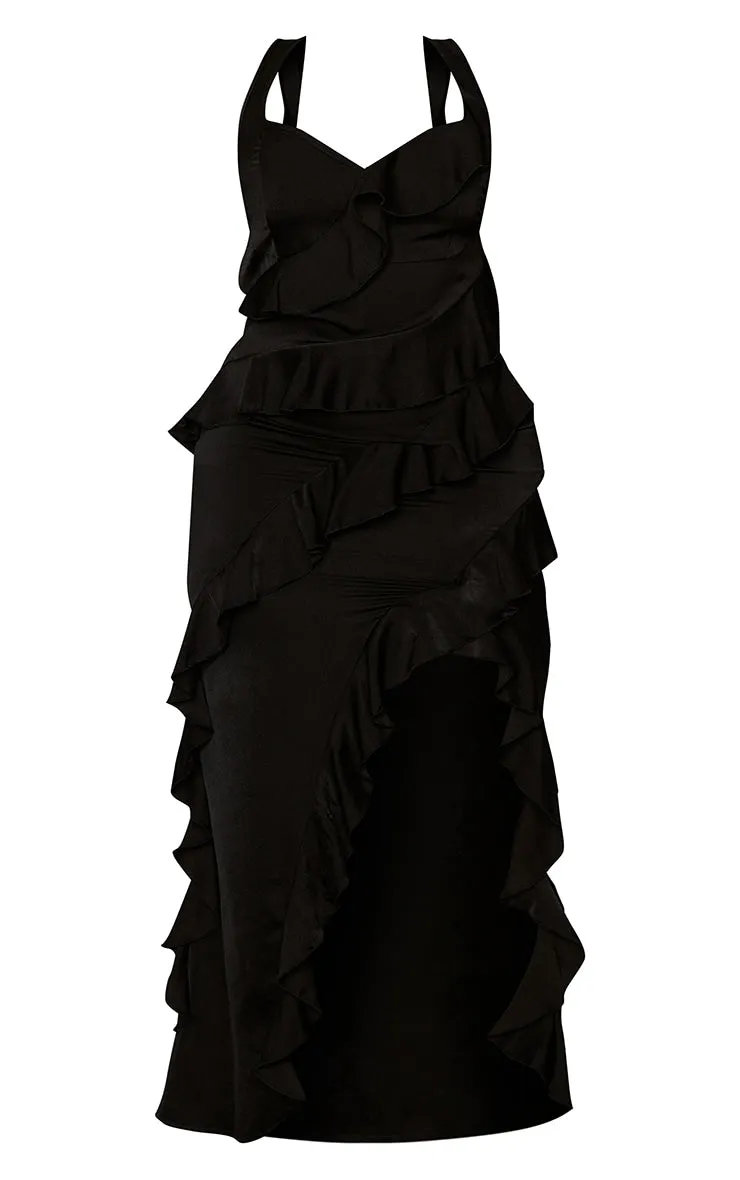 Plus Black Satin Frill Layered Maxi Dress