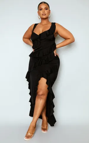 Plus Black Satin Frill Layered Maxi Dress