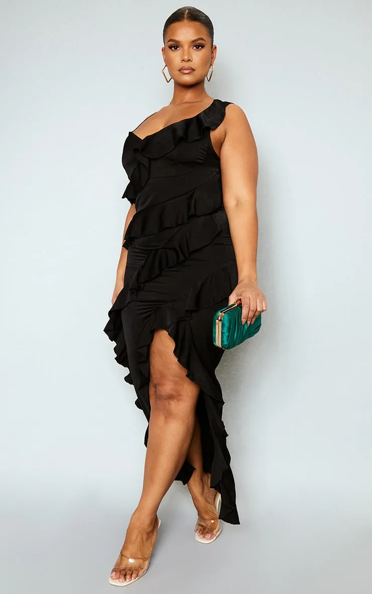 Plus Black Satin Frill Layered Maxi Dress