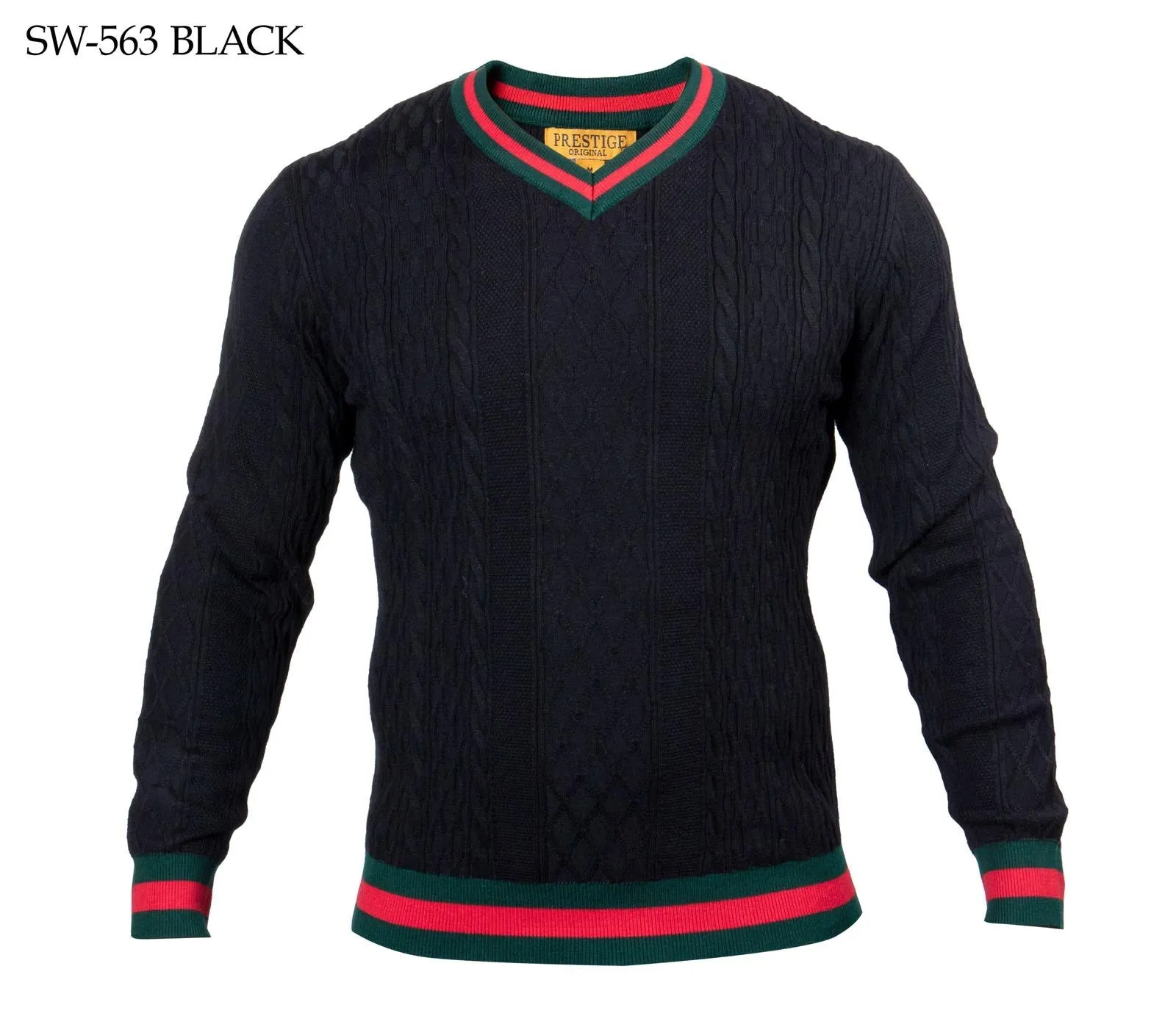 Prestige Black Men's V-Neck Luxury Pullover Sweaters Green and Red stripes SW-563