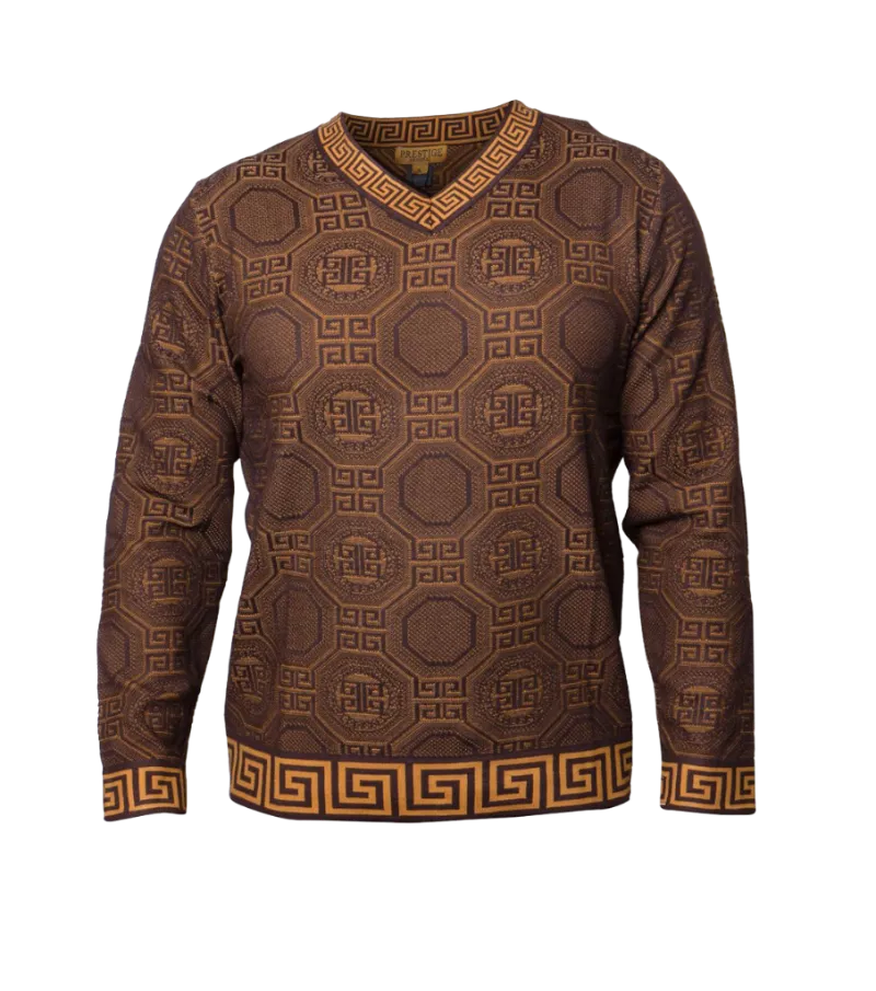 Prestige Brown V-Neck Sweaters Long Sleeves Greek Key Trim Design