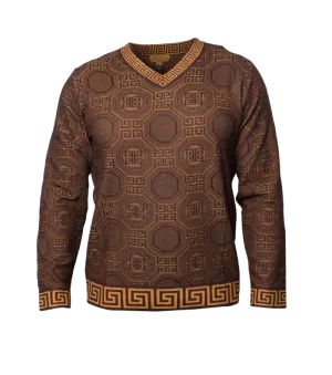 Prestige Brown V-Neck Sweaters Long Sleeves Greek Key Trim Design