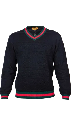 Prestige Men's Black Fancy Style V-neck Sweater Green and Red Stripes