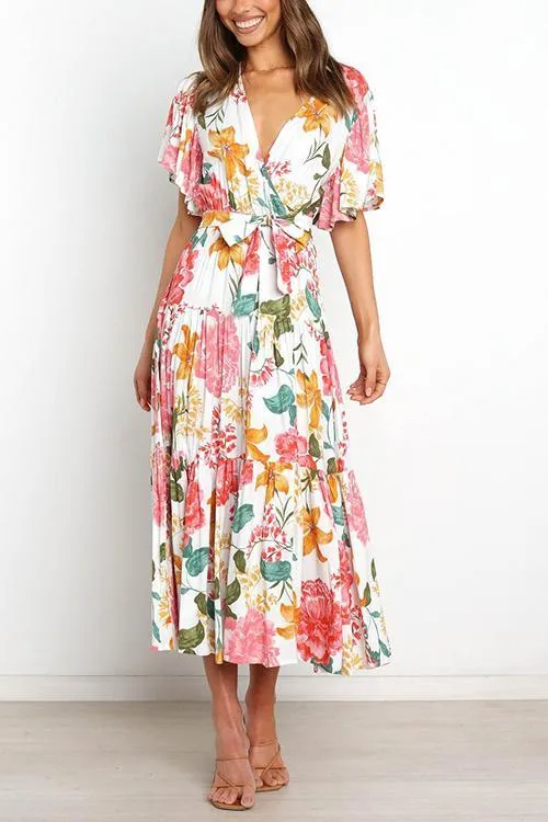 Print Ruffles Wrap Maxi Dress