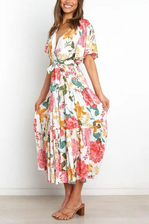 Print Ruffles Wrap Maxi Dress