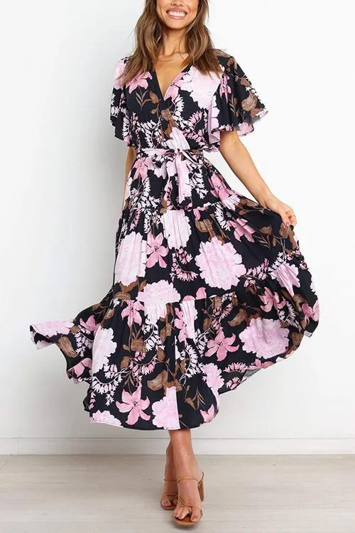 Print Ruffles Wrap Maxi Dress