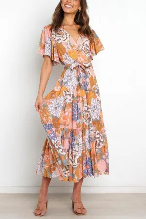 Print Ruffles Wrap Maxi Dress