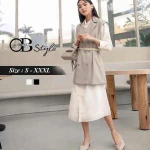 PURE COLOR BELT WAIST 3/4 SLEEVE MAXI SHIRTS DRESS