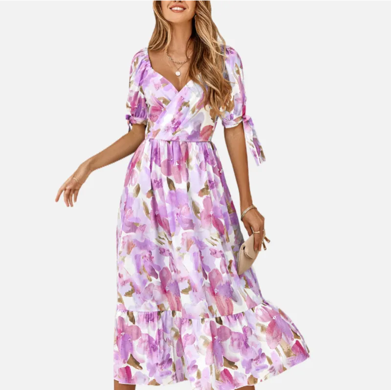 Purple Floral Dress | Wrap V Neck | Maxi Dresses