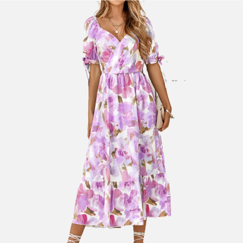 Purple Floral Dress | Wrap V Neck | Maxi Dresses