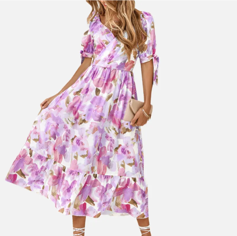 Purple Floral Dress | Wrap V Neck | Maxi Dresses