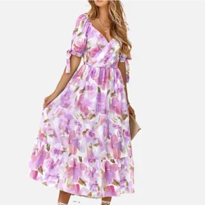 Purple Floral Dress | Wrap V Neck | Maxi Dresses