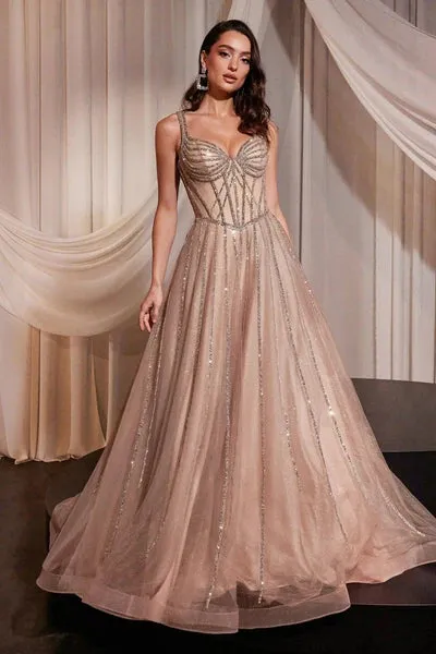 Rose Champagne Embellished A-Line Layered Tulle Dress