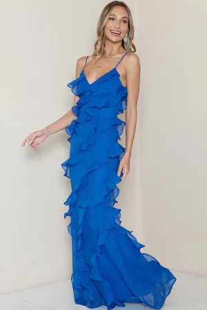 Royal Blue Sleeveless Ruffle Layered Maxi Dress