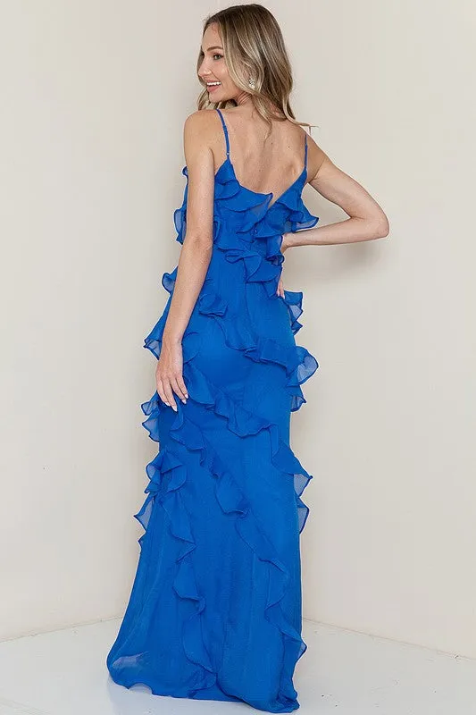 Royal Blue Sleeveless Ruffle Layered Maxi Dress