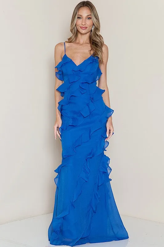 Royal Blue Sleeveless Ruffle Layered Maxi Dress