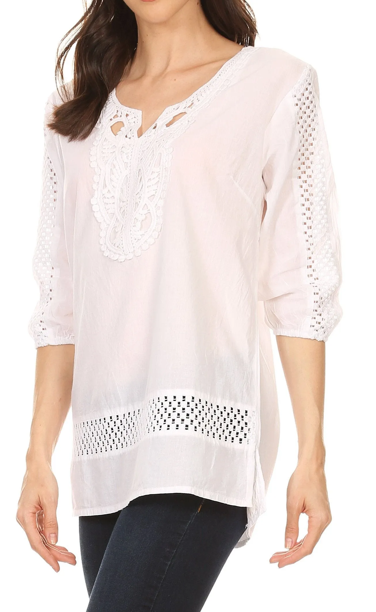 Sakkas Marion 3/4 Sleeve Blouse Tunic with Lace Applique and Crochet