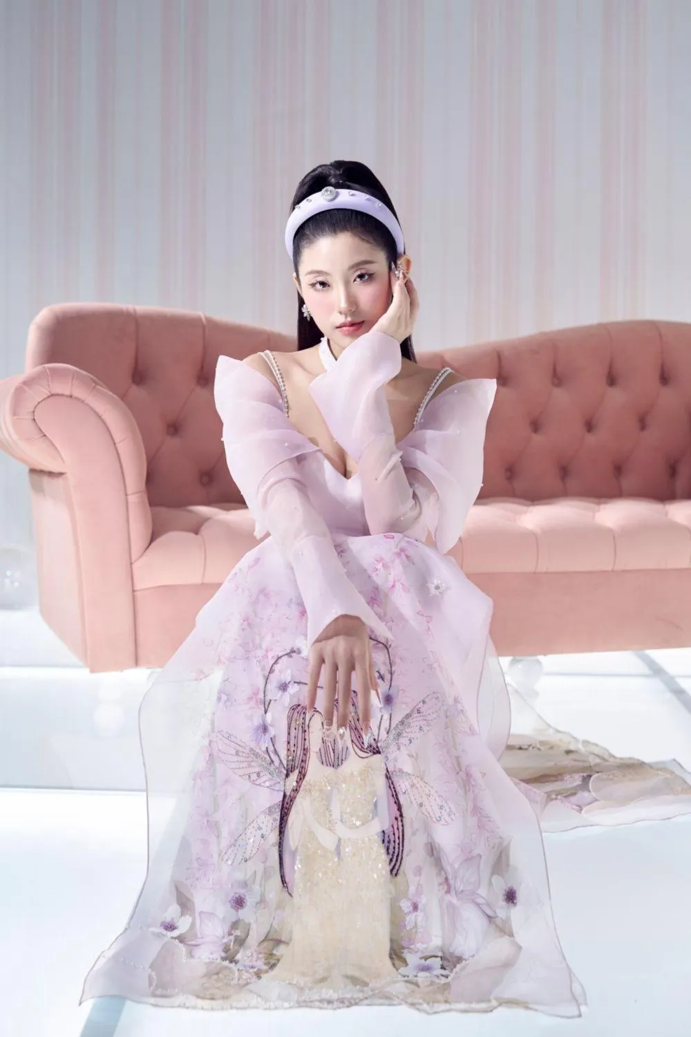 Scattered Petals A-line Poet Sleeved Organza Floor Length Ao Dai