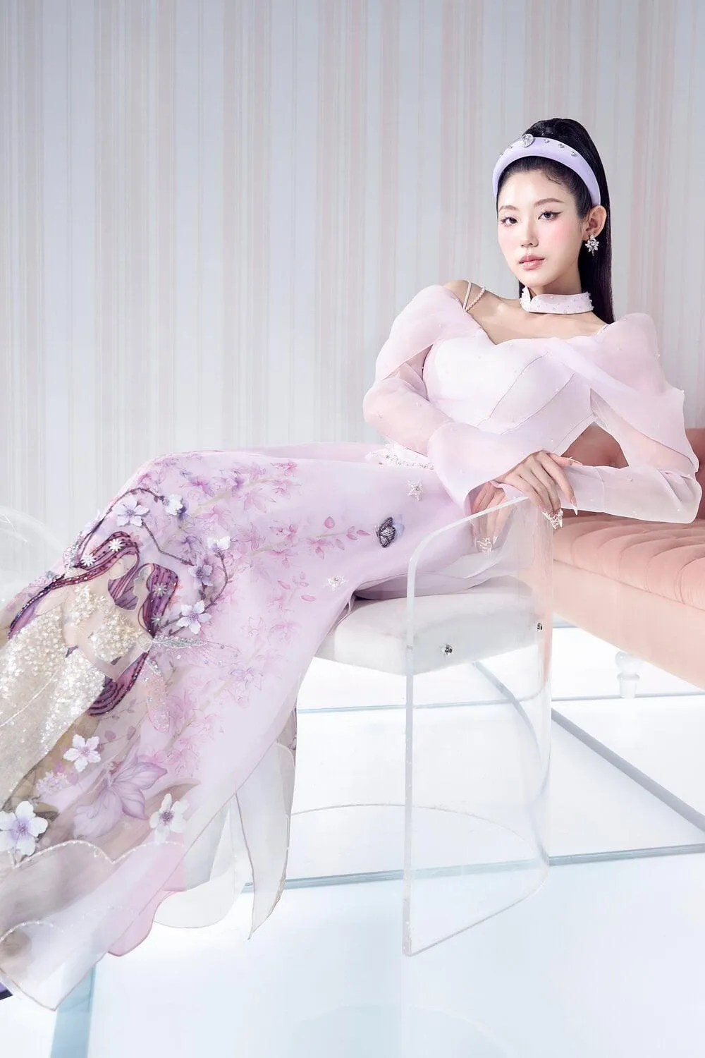 Scattered Petals A-line Poet Sleeved Organza Floor Length Ao Dai