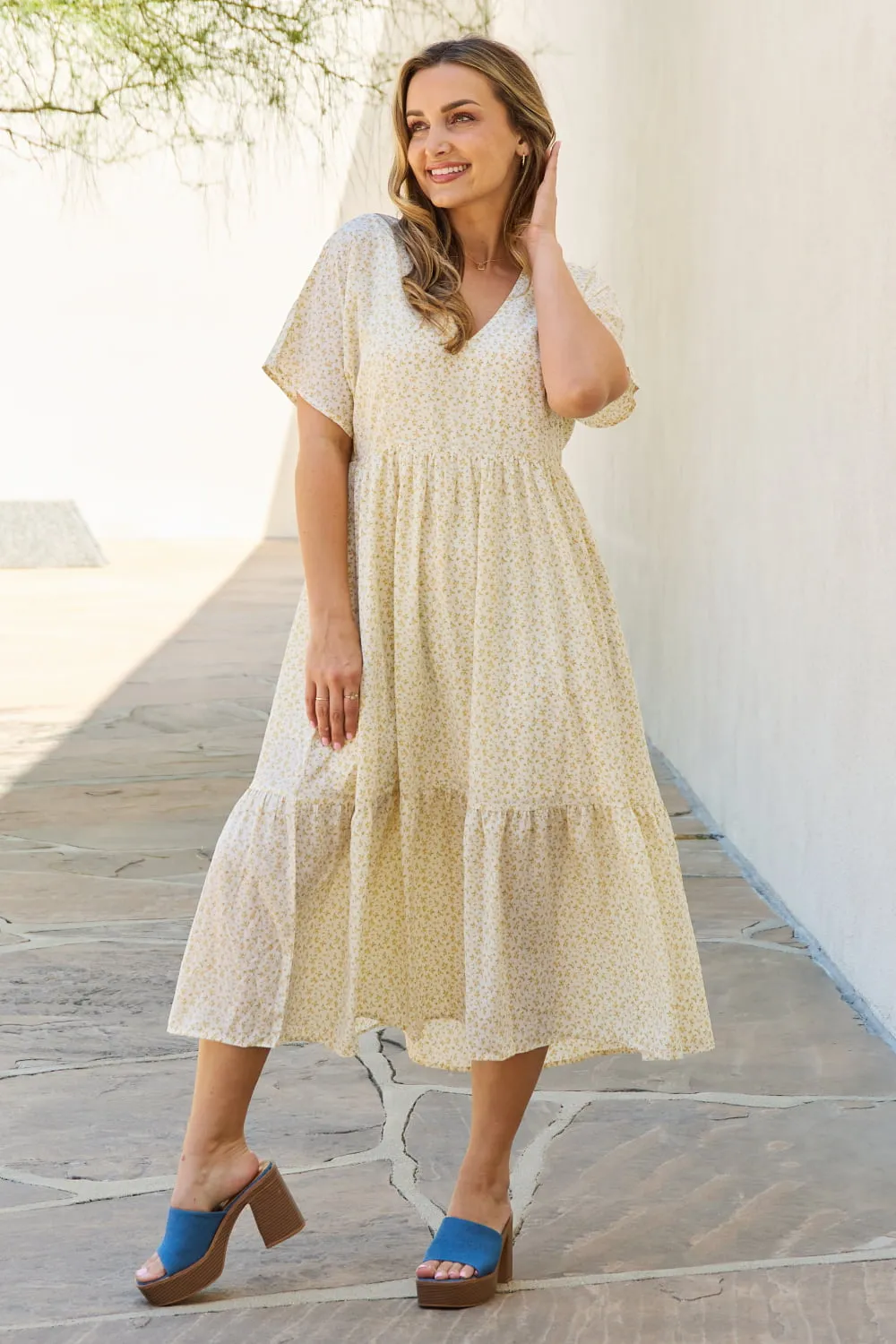 Spring Baby Full Size Kimono Sleeve Midi Dress in Cream