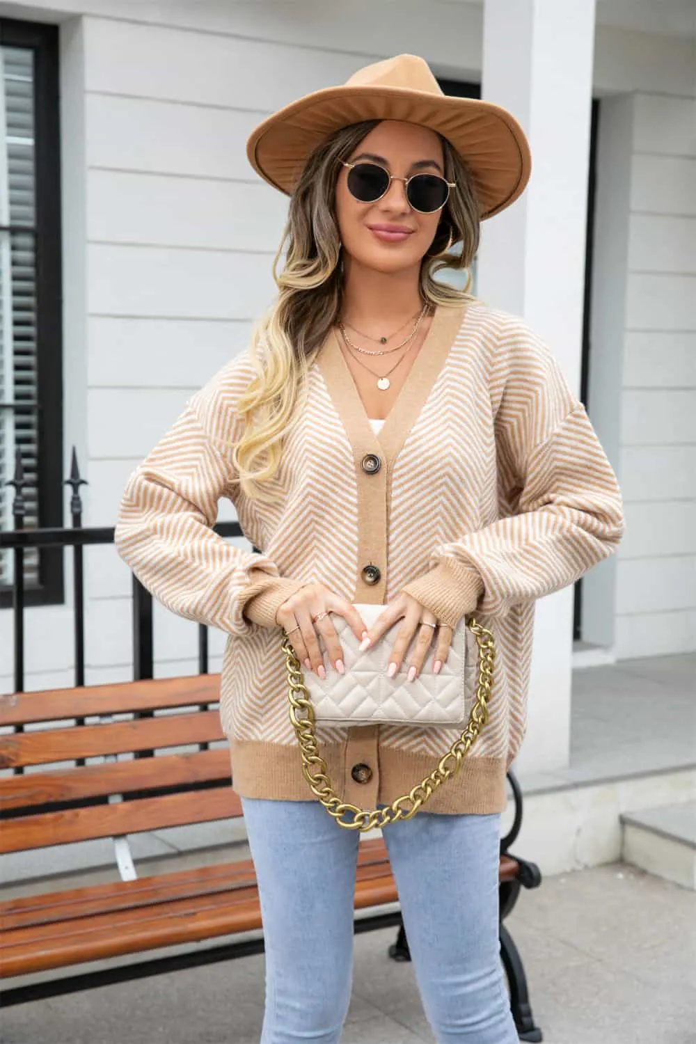 Striped V-Neck Dropped Shoulder Button-Up Cardigan