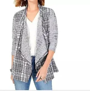 Style and Co Petite Plaid Eyelash Cardigan, Black/Gray, Size PS