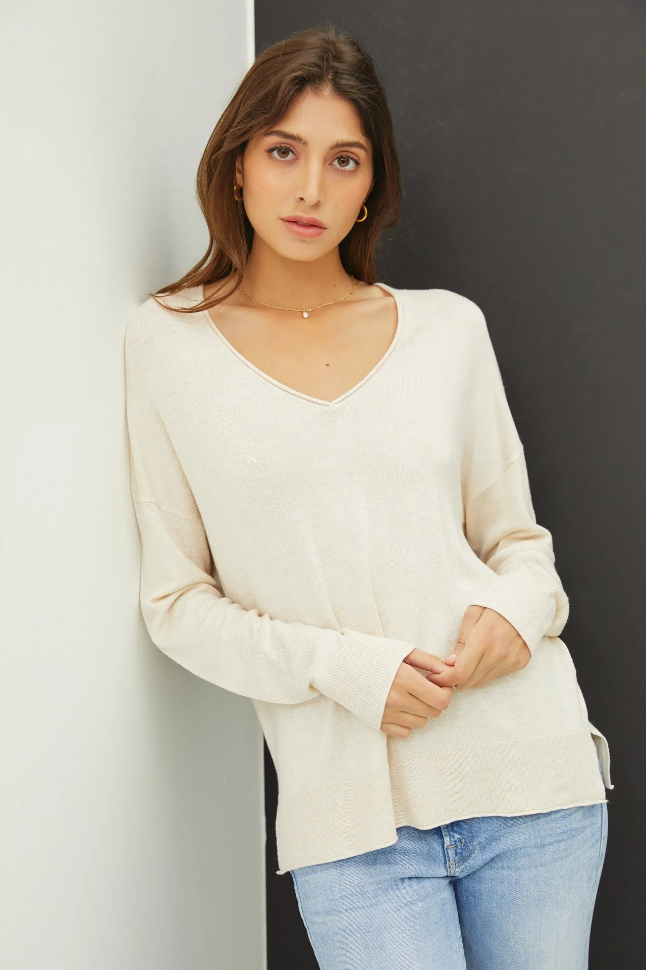 V-NECK DROPPED SHOULDER SWEATER