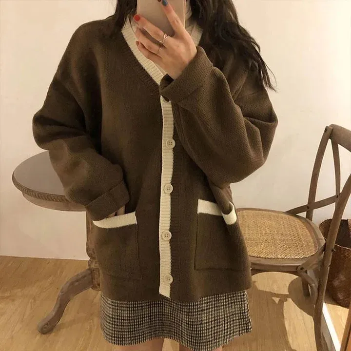 V-NECK KNITTED COLLEGE CARDIGAN SWEATER   S2793