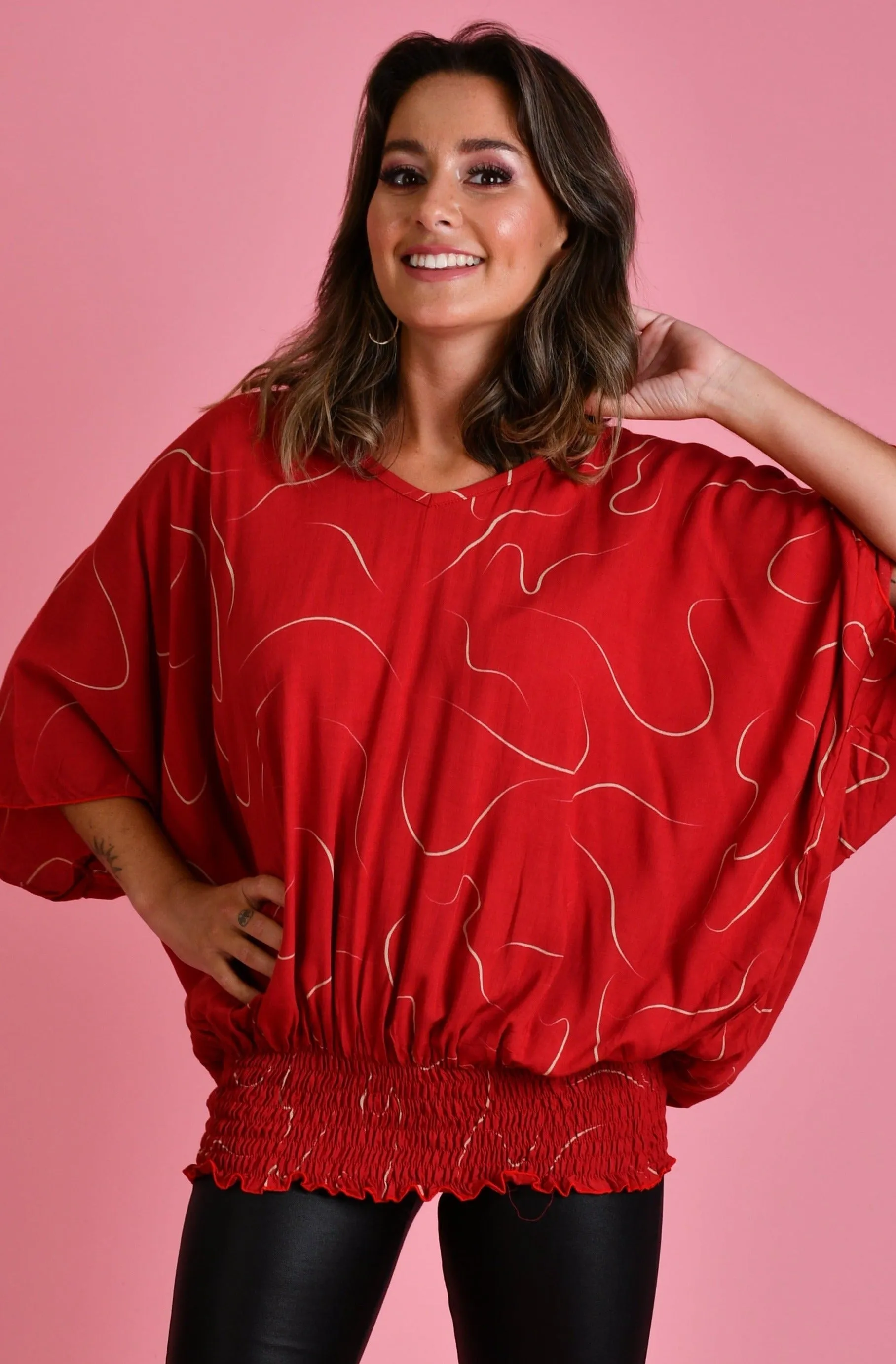 VBLT112 - V NECK BATWING TOP - SWIRL CHERRY