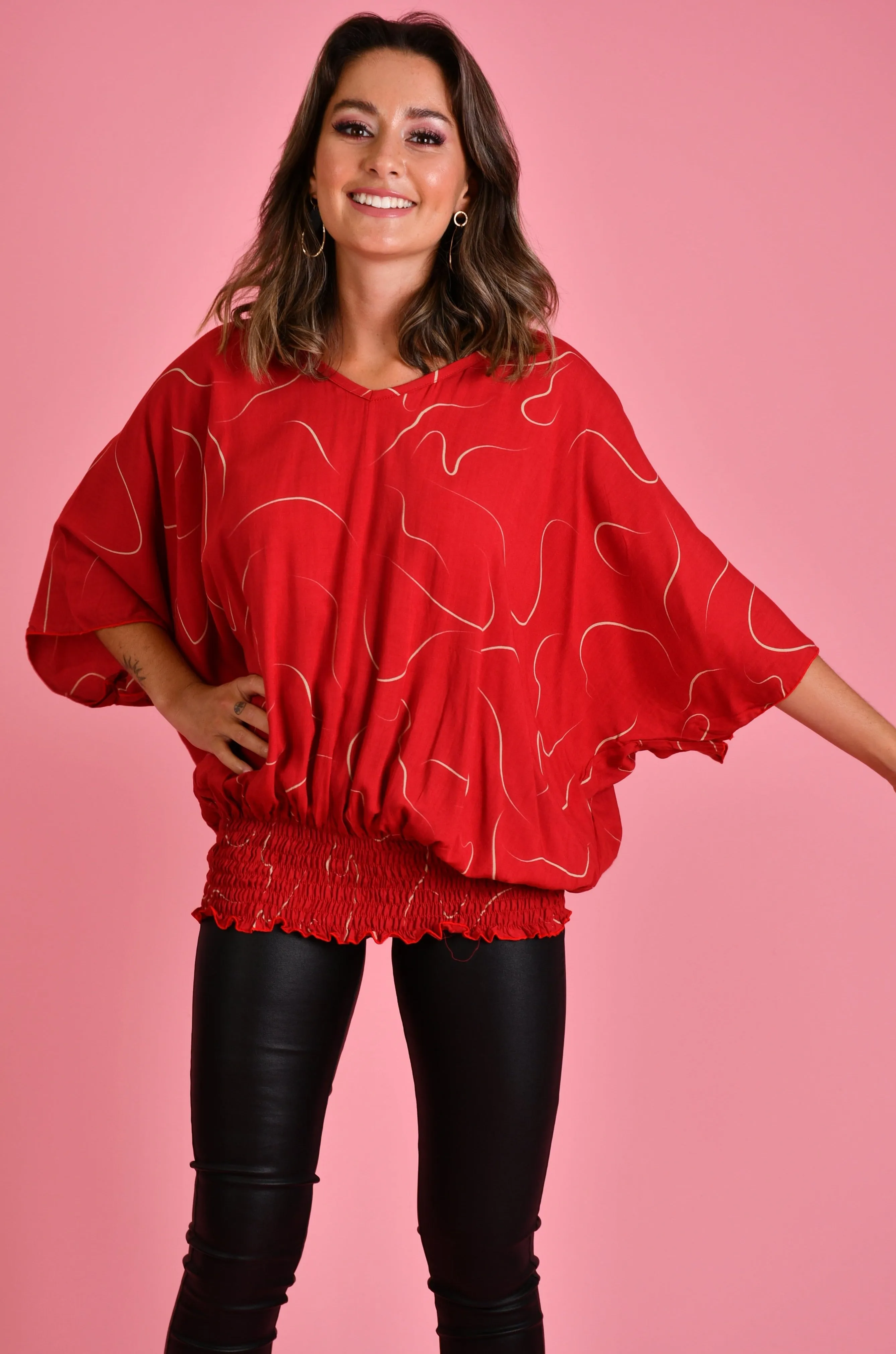 VBLT112 - V NECK BATWING TOP - SWIRL CHERRY