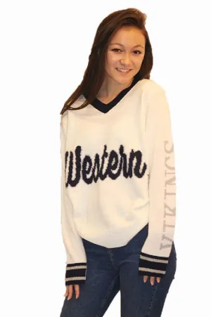 Western Vikings White Tribute V-Neck Sweater (UNISEX SIZING)