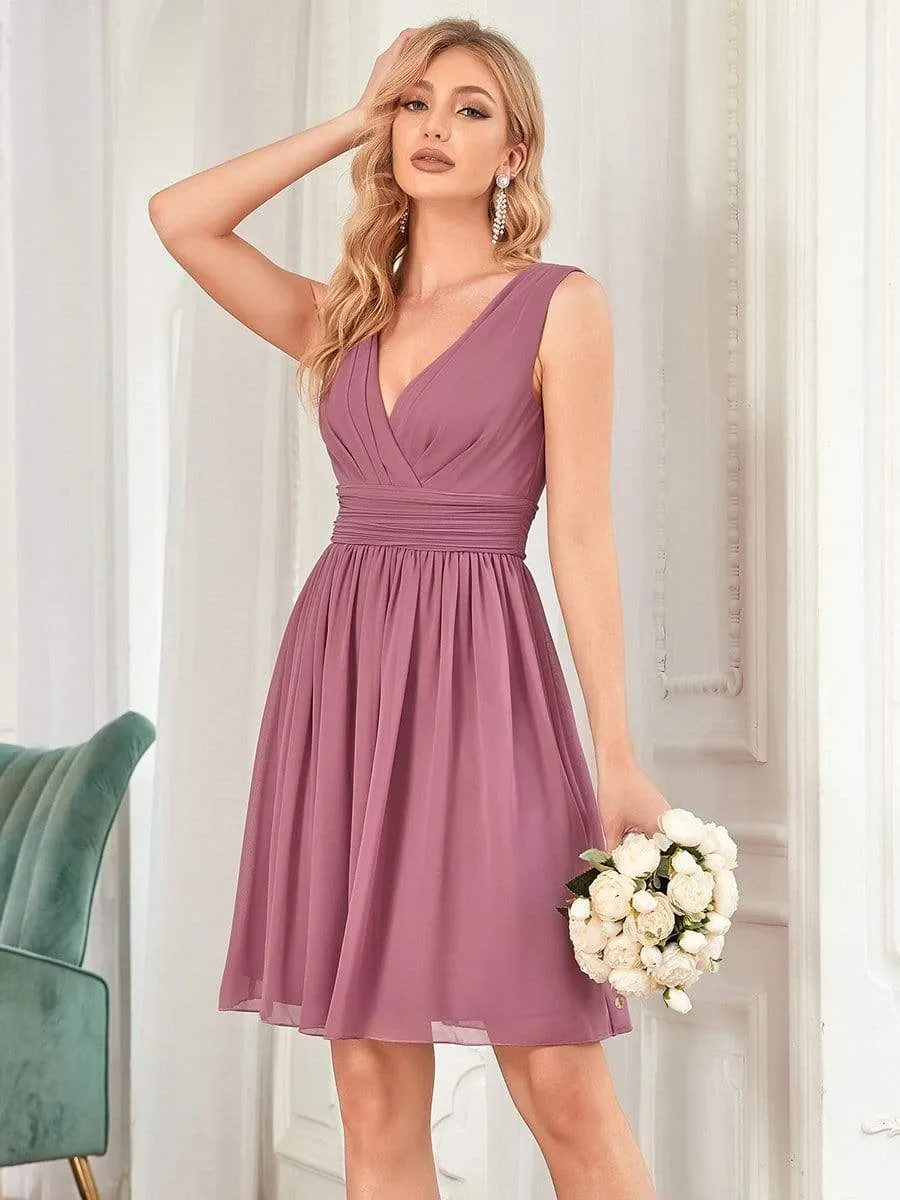 Women Sleeveless V Neck Short Bridesmaid Dress