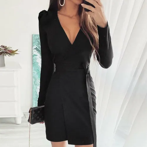 Women V Neck Solid Dress