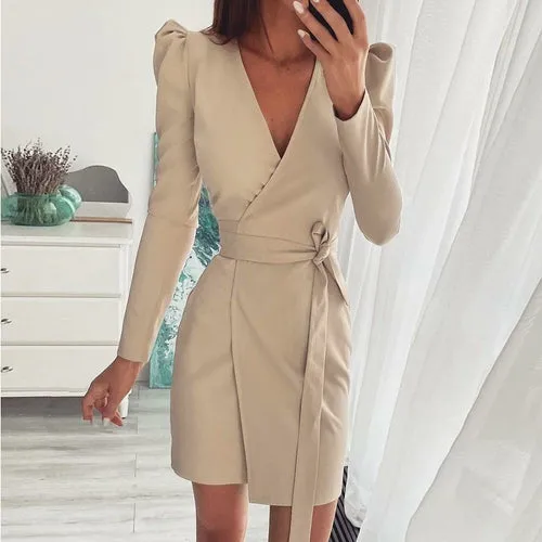 Women V Neck Solid Dress