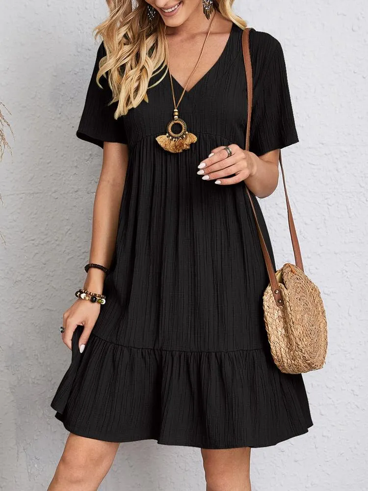 Women Vintage Mini Dress | Summer Solid Casual V Neck Ruffles Dress