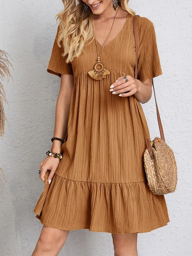 Women Vintage Mini Dress | Summer Solid Casual V Neck Ruffles Dress