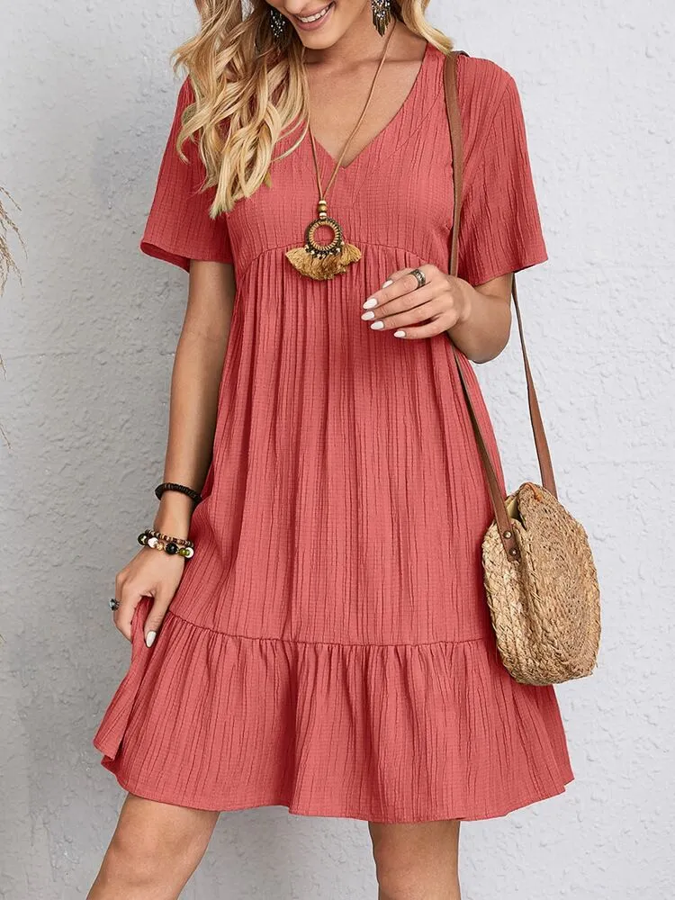 Women Vintage Mini Dress | Summer Solid Casual V Neck Ruffles Dress