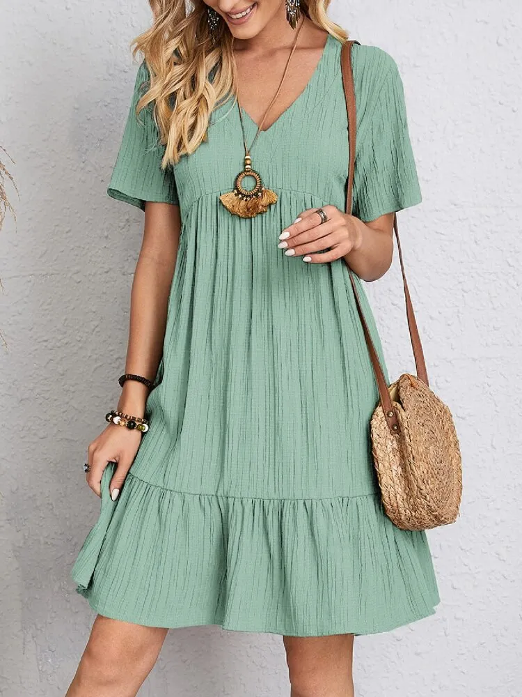 Women Vintage Mini Dress | Summer Solid Casual V Neck Ruffles Dress