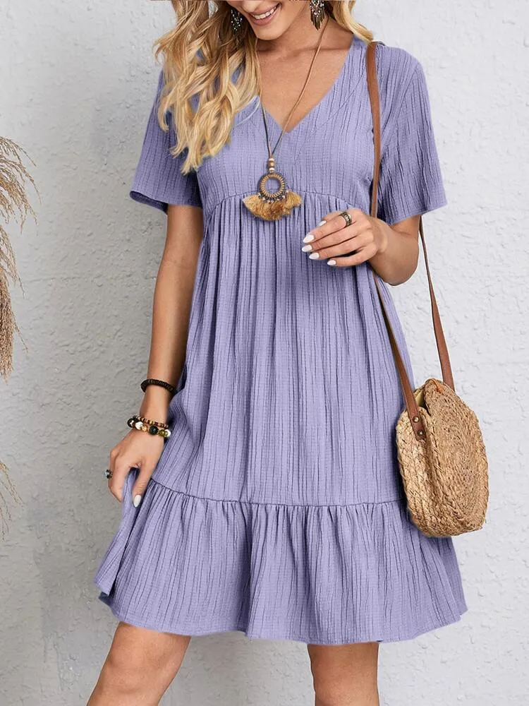 Women Vintage Mini Dress | Summer Solid Casual V Neck Ruffles Dress