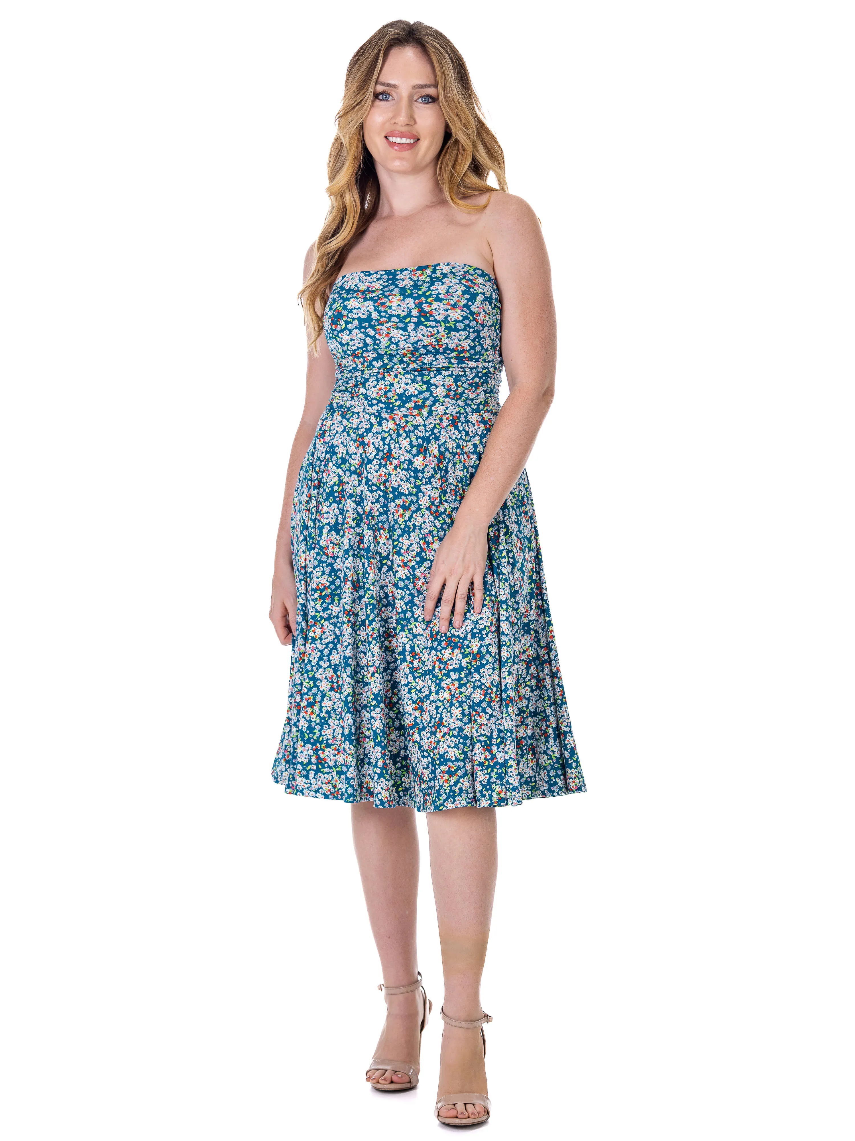 Womens Teal Floral Strapless Tube Top Flowy Knee Length Dress