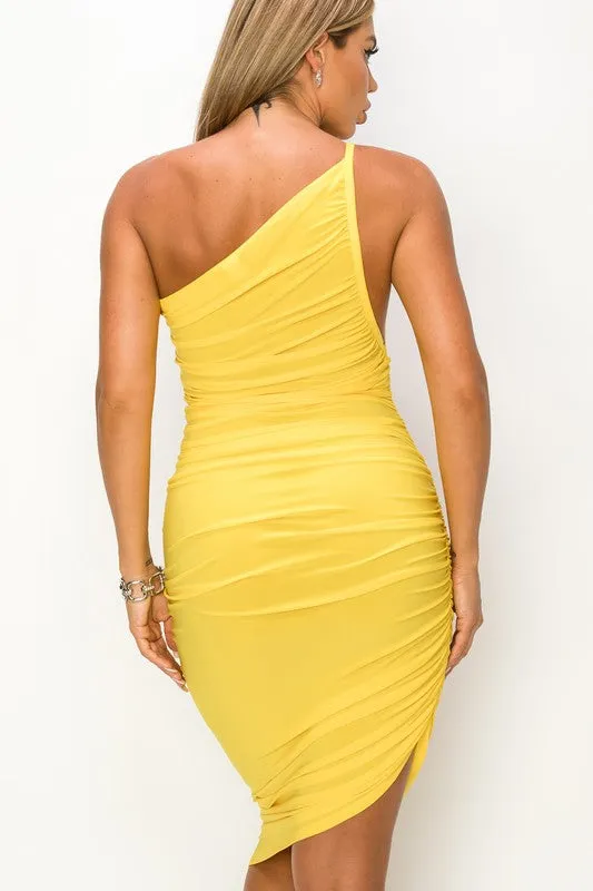 Yellow One Shoulder Ruched Midi Dress